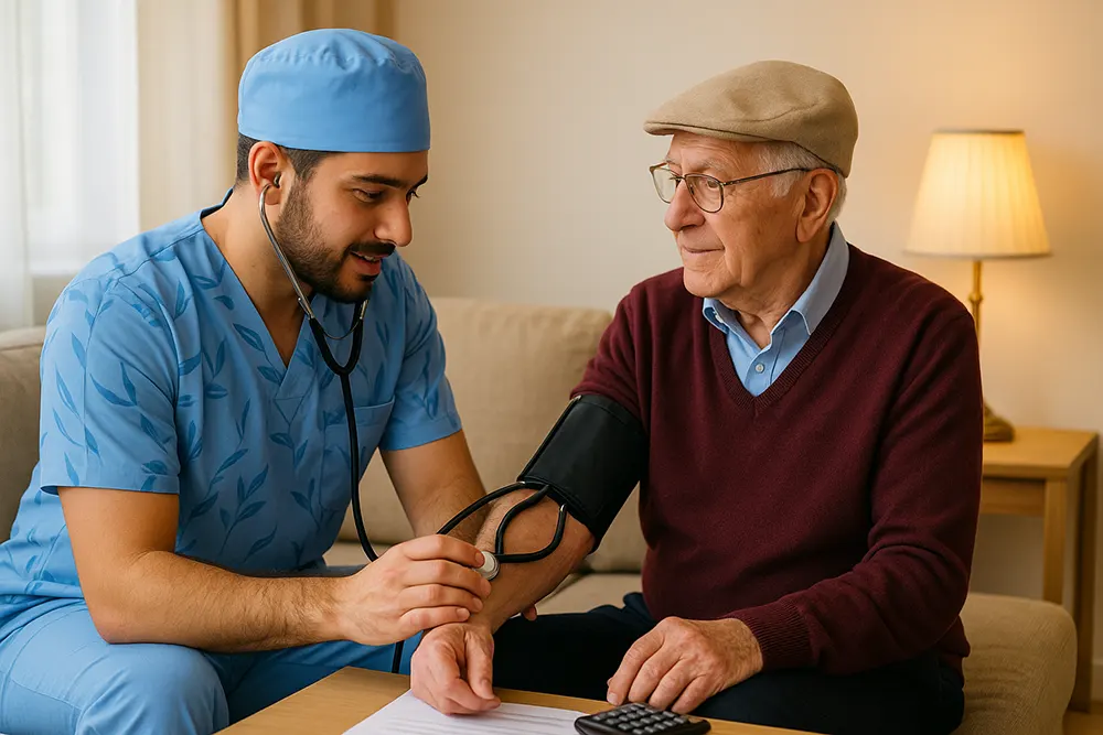 پرستار سالمند با یونیفرم و کلاه اسکراب در حال کنترل علائم حیاتی