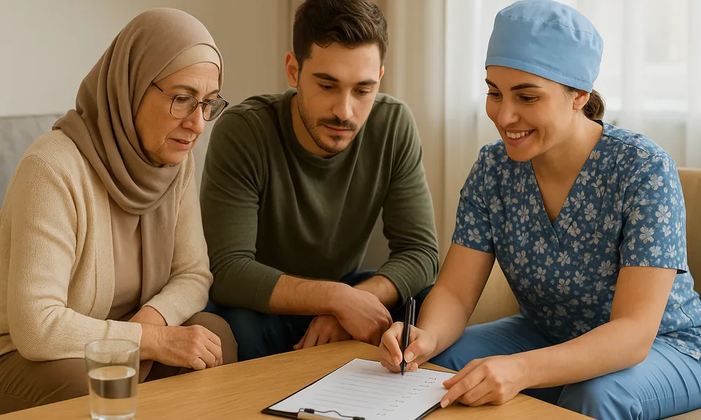 خانواده در حال بررسی چکلیست انتخاب پرستار مورد اعتماد