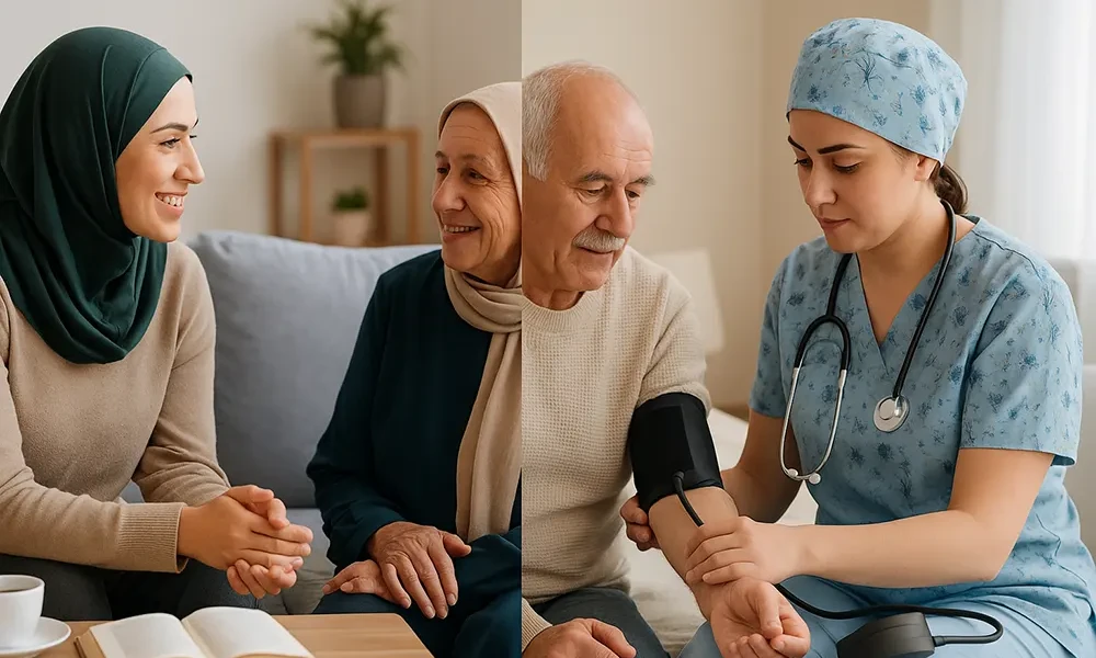 نمای مقایسه‌ای محترمانه مراقب در کنار پرستار در منزل