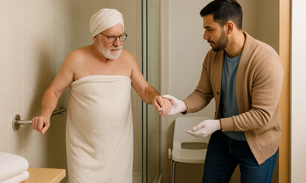 کمک مراقب به سالمند برای حمام و بهداشت فردی در فضای خانگی مرتب و امن