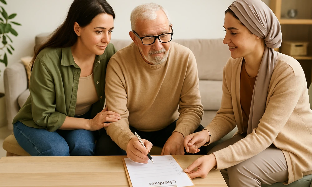 خانواده در حال تیکزدن چکلیست انتخاب مراقب مطمئن برای سالمند
