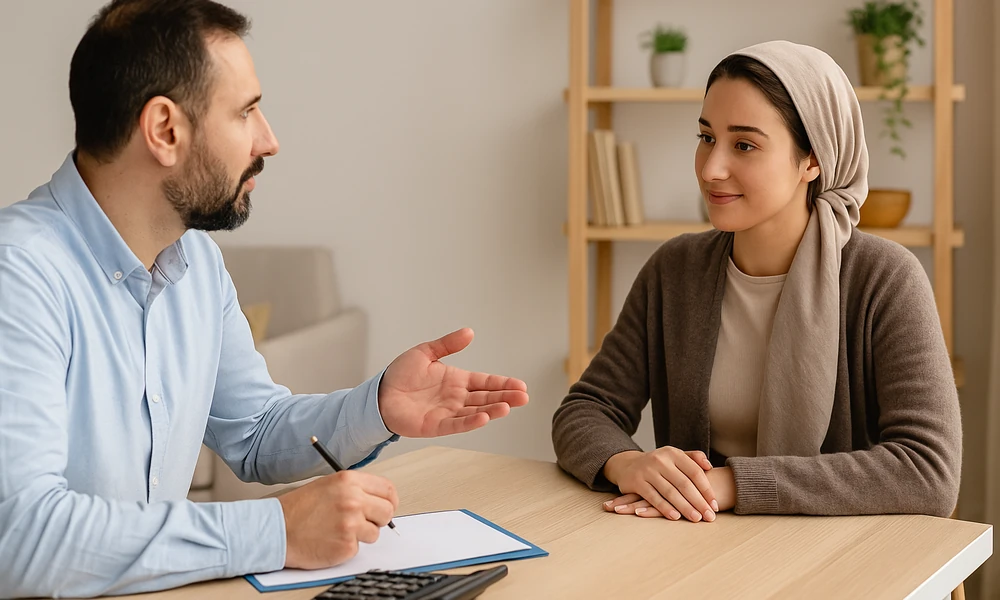 مشاوره درباره هزینه مراقب سالمند با ماشینحساب روی میز؛ فضای اداری خانگی