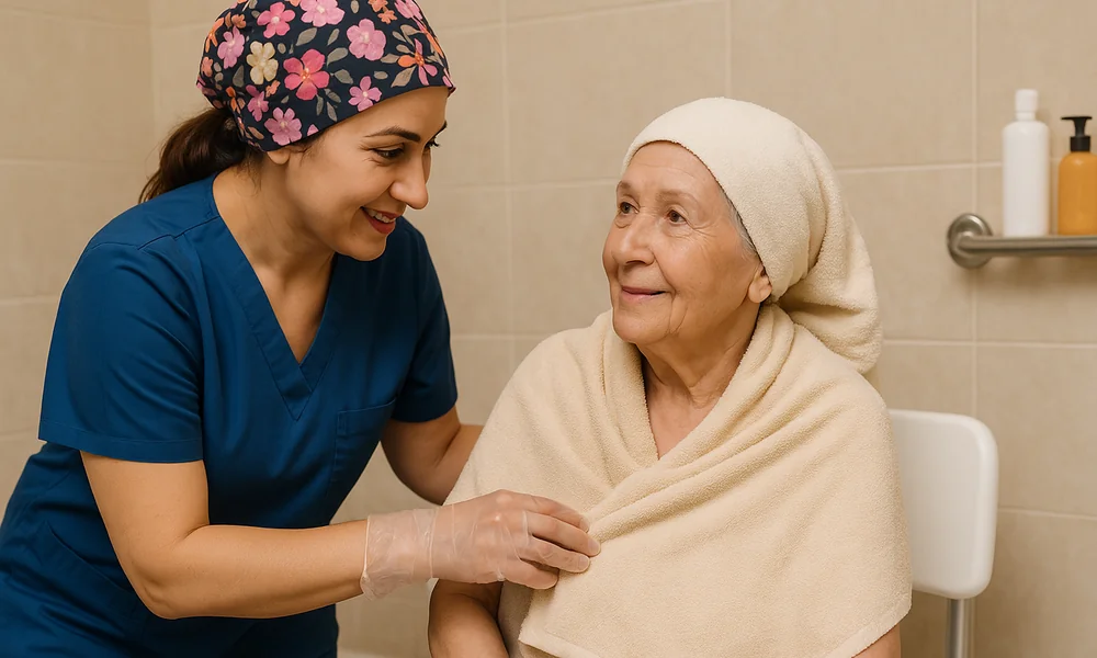 پرستار در حال کمک به نظافت و پوشش با حفظ کرامت سالمند