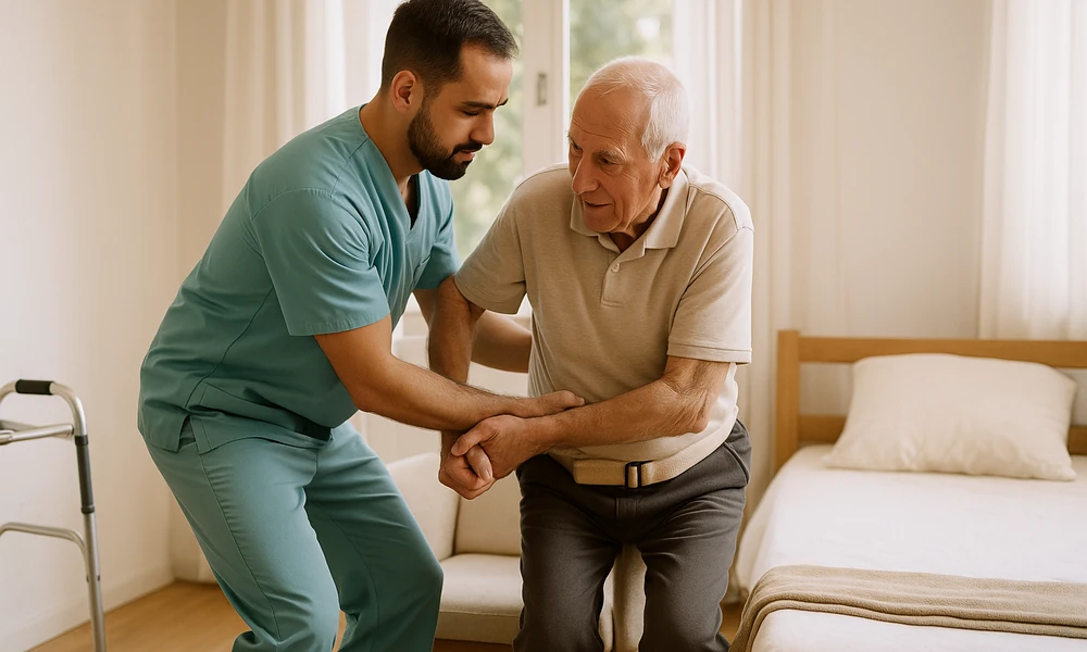 پرستار ساعتی در حال کمک به جابه‌جایی و مراقبت شخصی سالمند